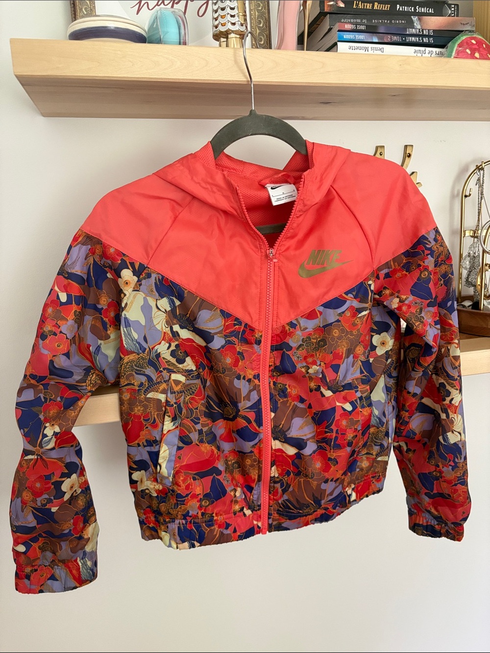 Nike Kids Red and Multicolor Floral-Print Hooded Rain Jacket
